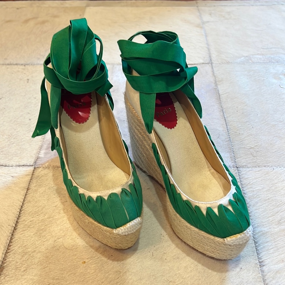 Christian Louboutin Green Espadrille Wedge Ankle-Tie Shoes